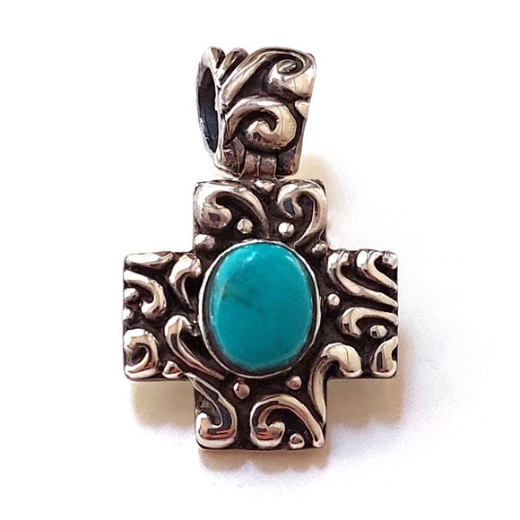 925 Sterling Silver Turquoise Cross Pendant - Picture 2 of 4